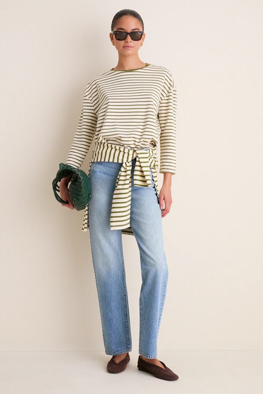 New Pomander Place Tuckernuck Olive Striped Knit Popover Top XS